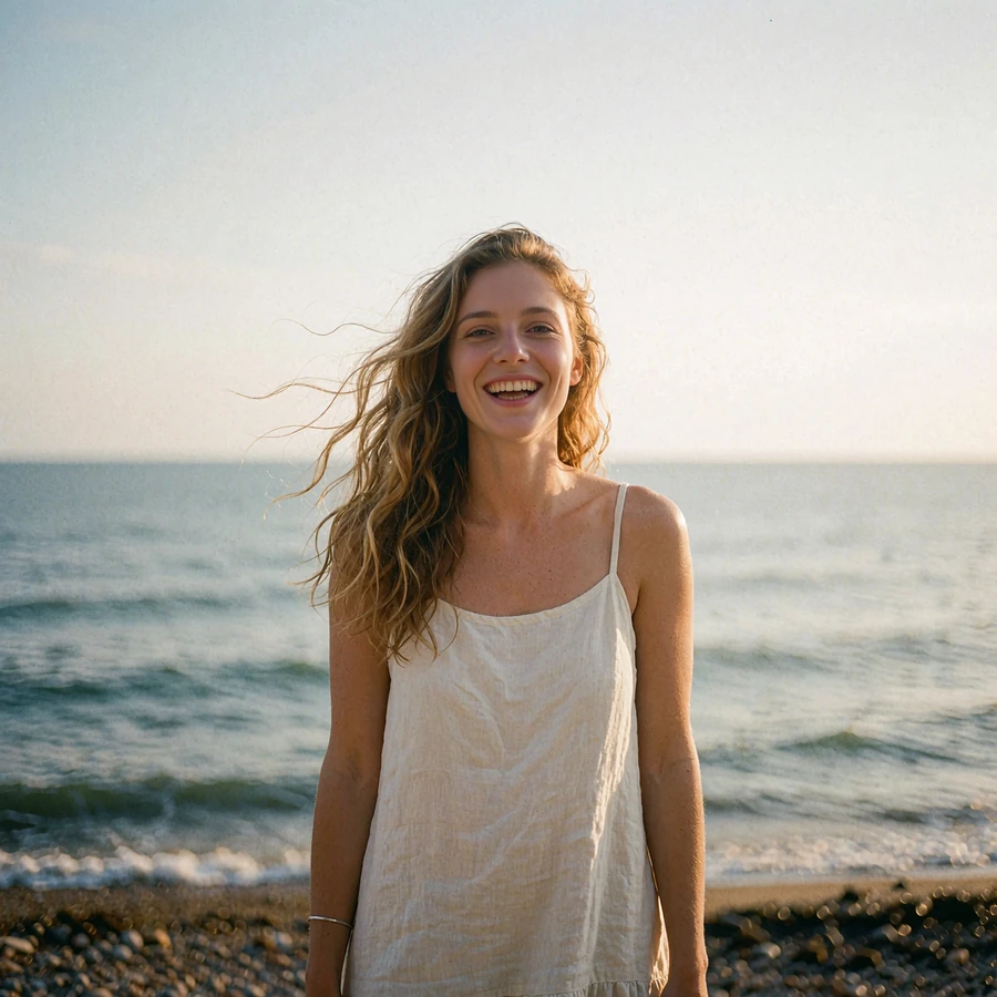 Woman in an ivory linen dress laughing in the sea breeze on a seafront promenade