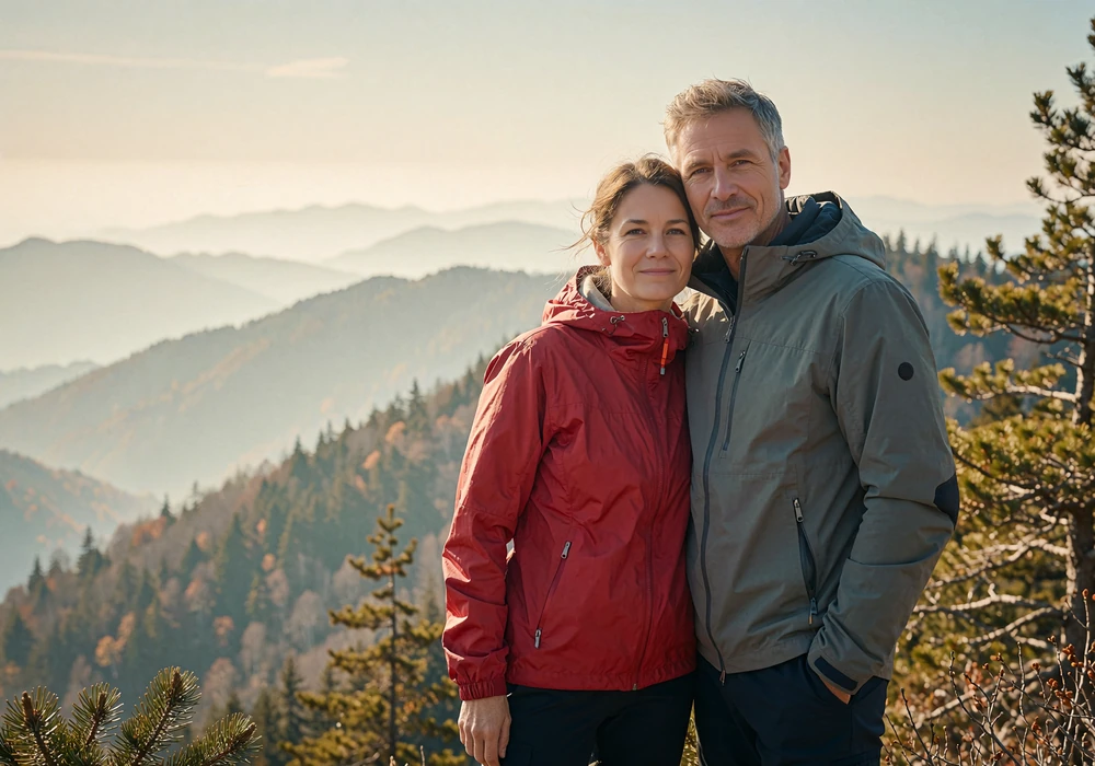 Couple at a mountain viewpoint with forested ridges and mist behind them