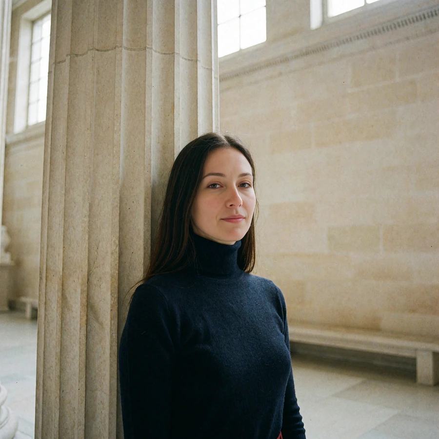 Woman in a fitted navy turtleneck standing beside a neoclassical column in a museum hall