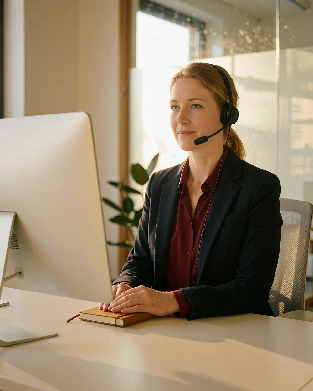 Professional woman with a headset sitting calmly at a bright office desk, listening attentively