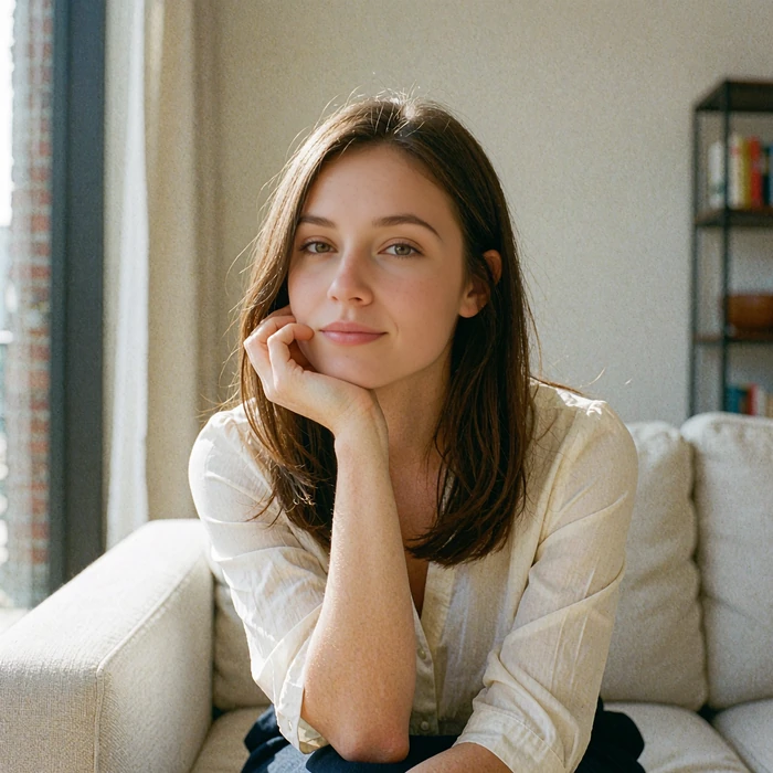Woman in an ivory blouse seated on a pale linen sofa in a modern apartment