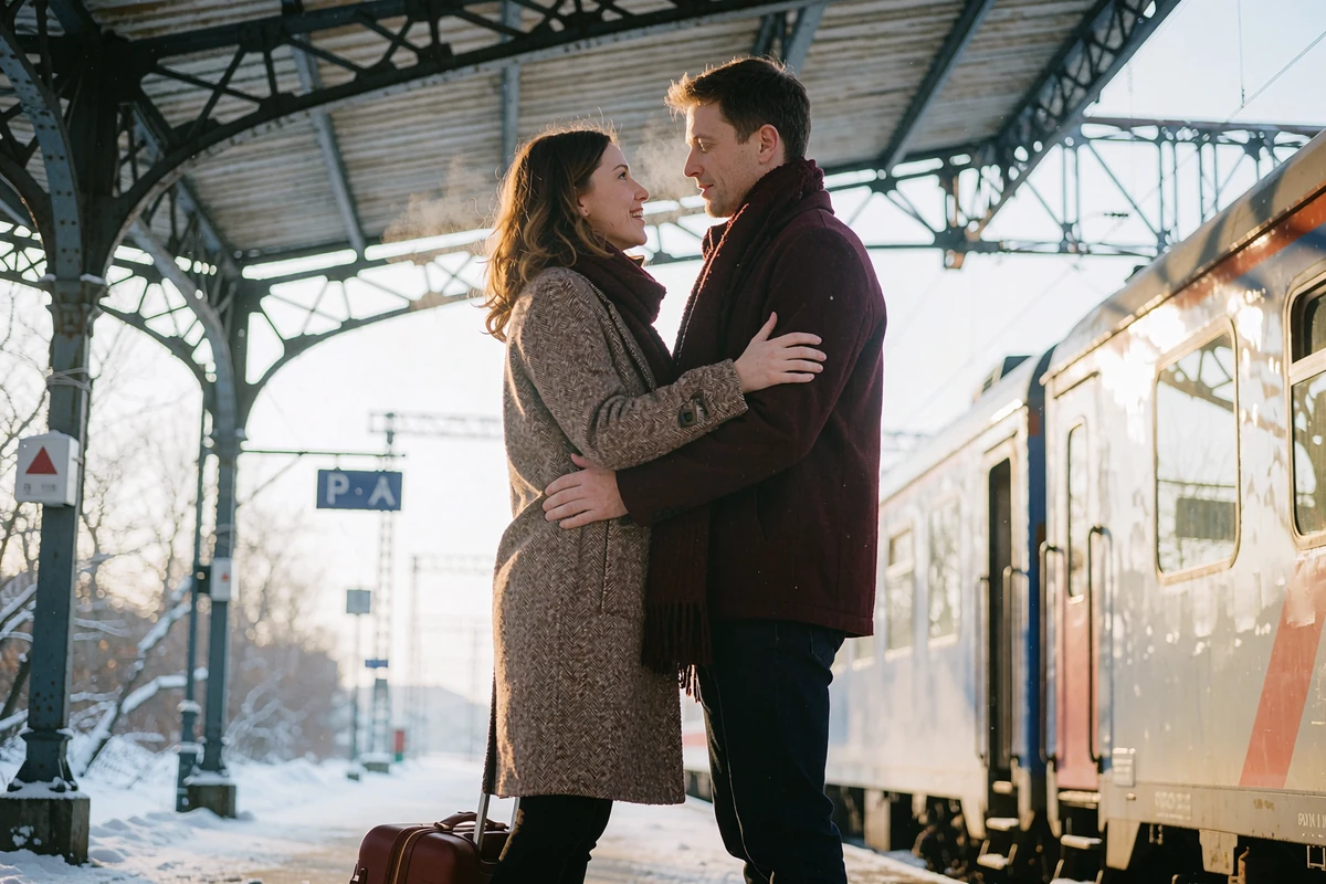 Couple embracing on a railway platform beside a small suitcase with a train blurred in the background