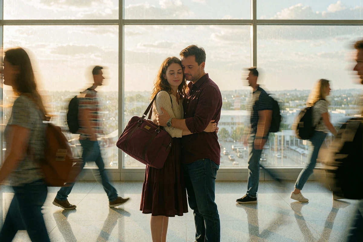 Couple embracing in an airport arrivals hall after months of long-distance video calls