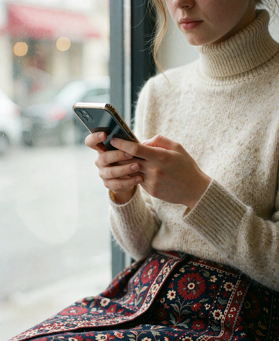 Woman in a cream turtleneck scrolling a dark phone screen at a bright cafe window seat