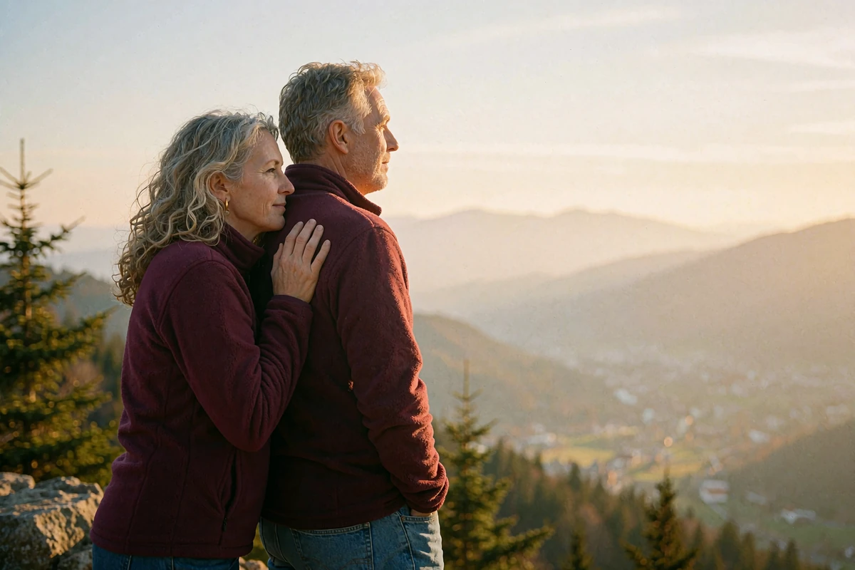 Couple standing at a mountain overlook in early evening light with a hazy valley stretching behind them