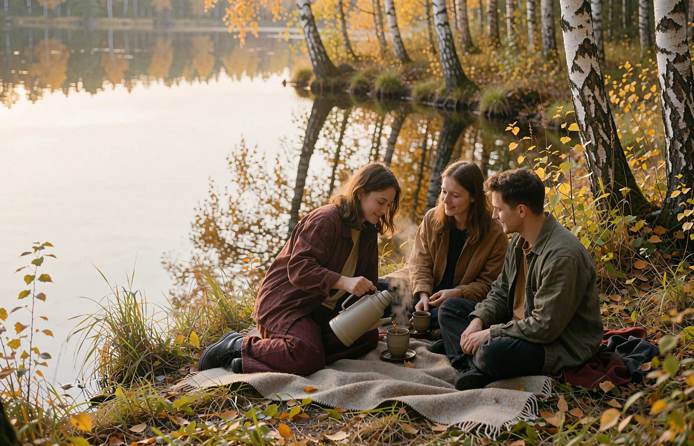 Three friends sharing tea by a calm forest lake surrounded by birch trees and golden autumn foliage