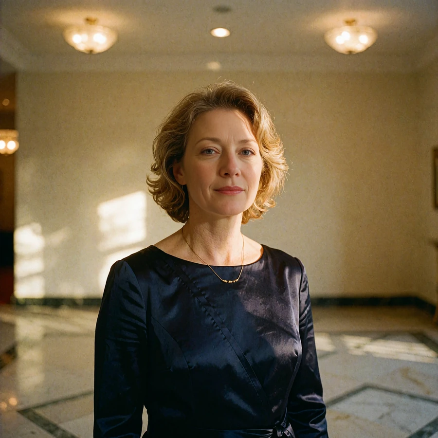 Elegant woman in a navy evening dress standing composed in a concert hall foyer